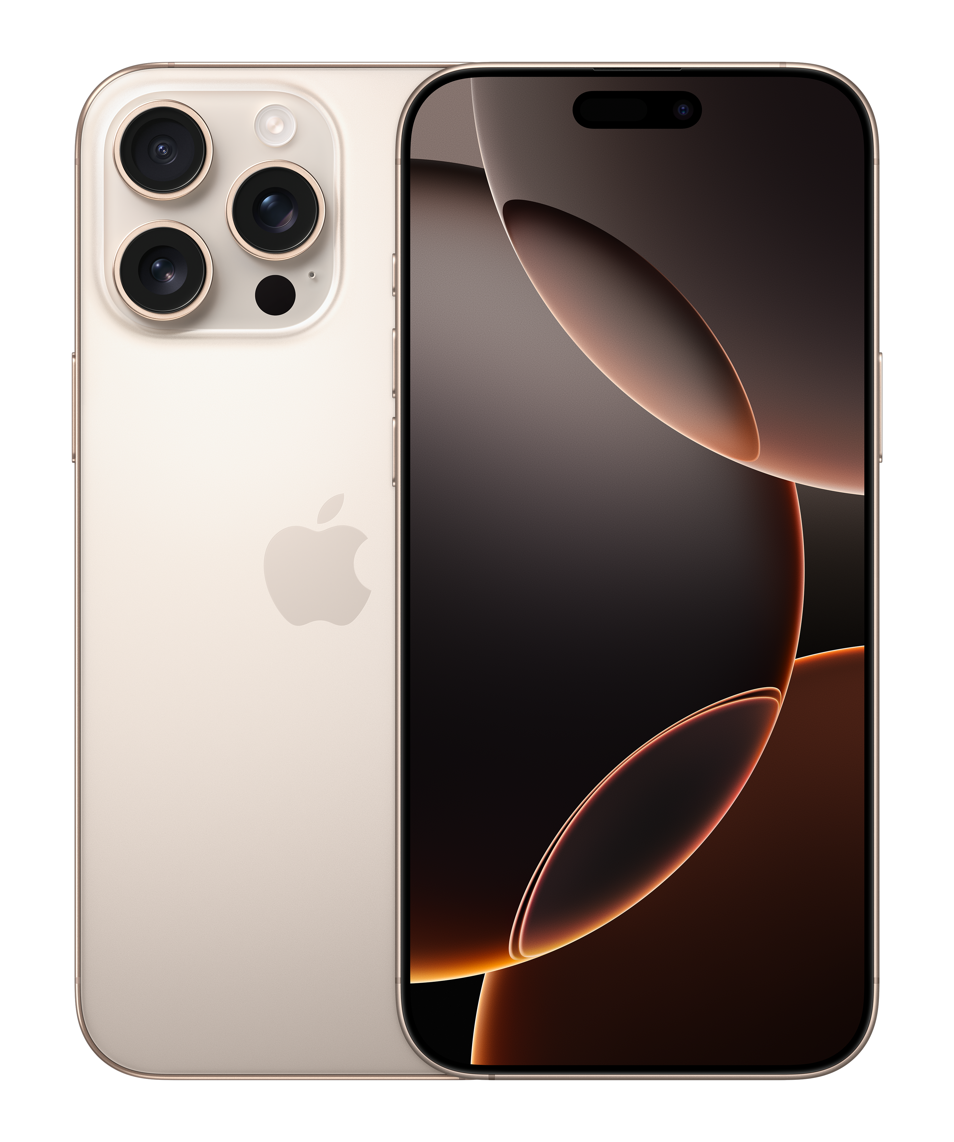 Billedet viser en white titanium iPhone 16 Pro Max, viser både foran og bagpå, fremhæver kamerasystemet og det subtilt oplyste abstrakte skærmdesign
